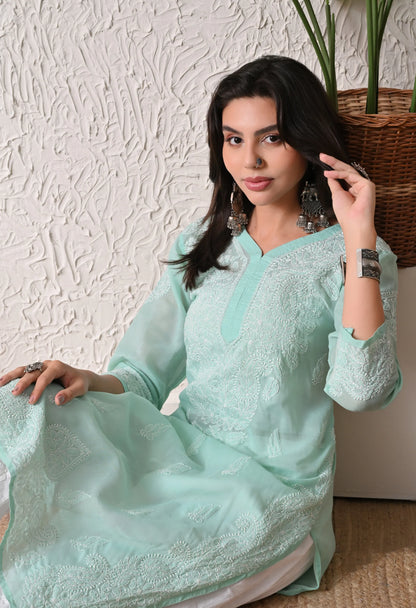 PURE COTTON CHIKAN HANDWORK LONG KURTI | MINT GREEN