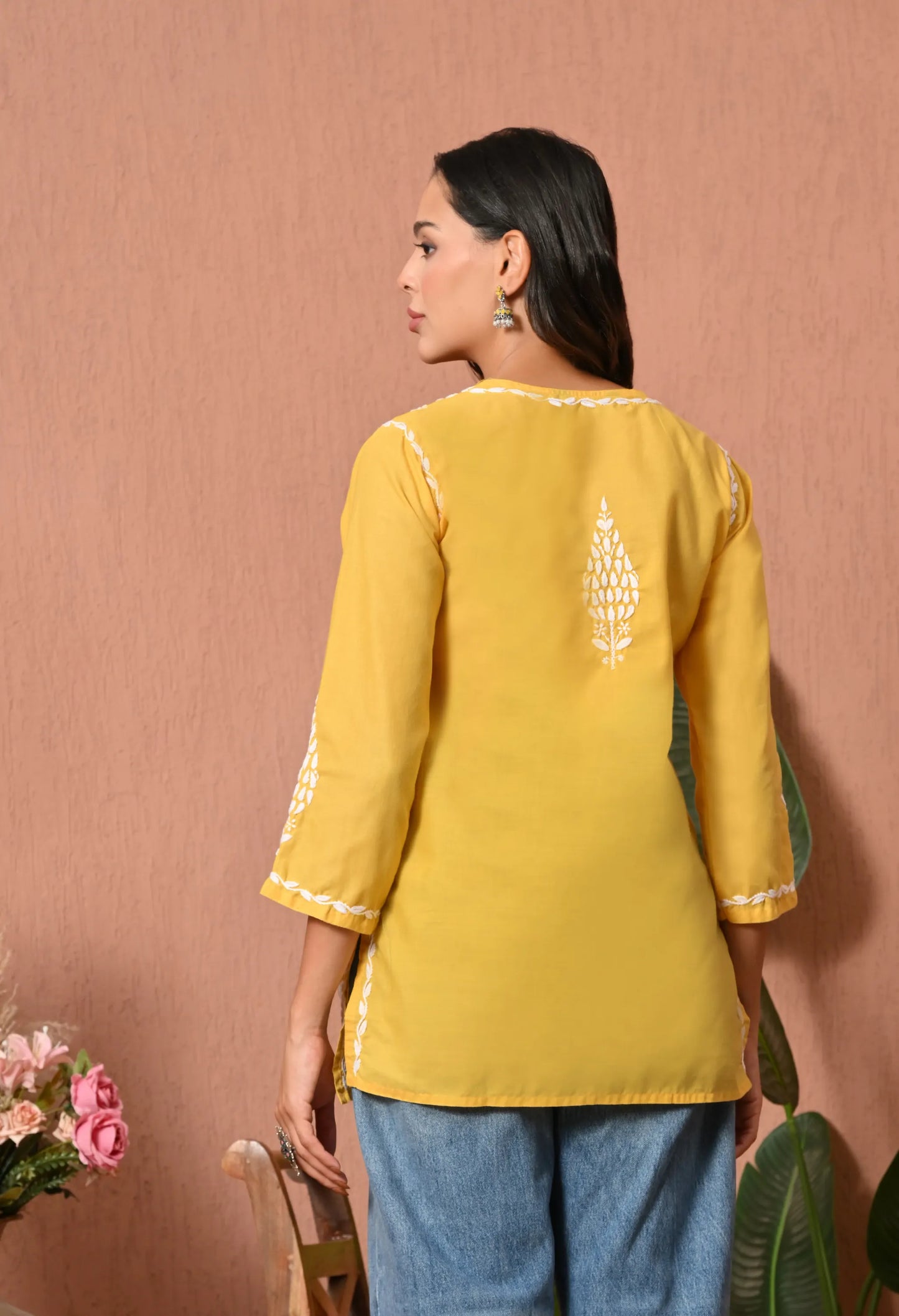 Women Hand Embroidered Lucknowi Chikankari Cotton Straight Short Top | Yellow Colour