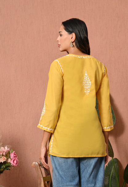 Women Hand Embroidered Lucknowi Chikankari Cotton Straight Short Top | Yellow Colour