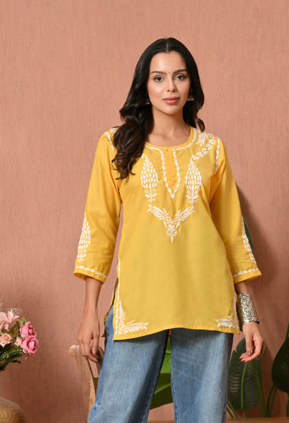 Women Hand Embroidered Lucknowi Chikankari Cotton Straight Short Top | Yellow Colour