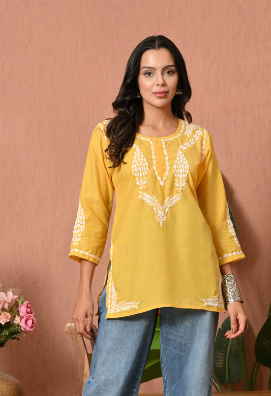 Women Hand Embroidered Lucknowi Chikankari Cotton Straight Short Top | Yellow Colour