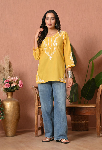 Women Hand Embroidered Lucknowi Chikankari Cotton Straight Short Top | Yellow Colour