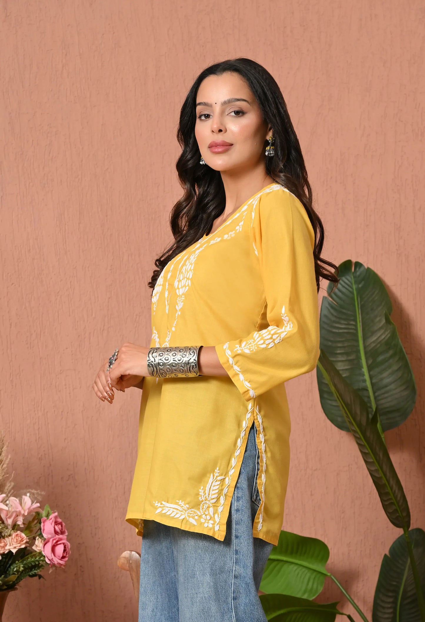 Women Hand Embroidered Lucknowi Chikankari Cotton Straight Short Top | Yellow Colour