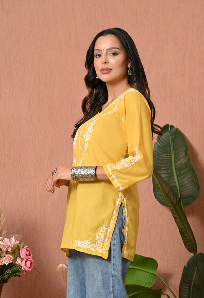 Women Hand Embroidered Lucknowi Chikankari Cotton Straight Short Top | Yellow Colour