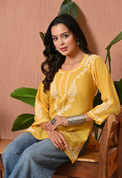 Women Hand Embroidered Lucknowi Chikankari Cotton Straight Short Top | Yellow Colour