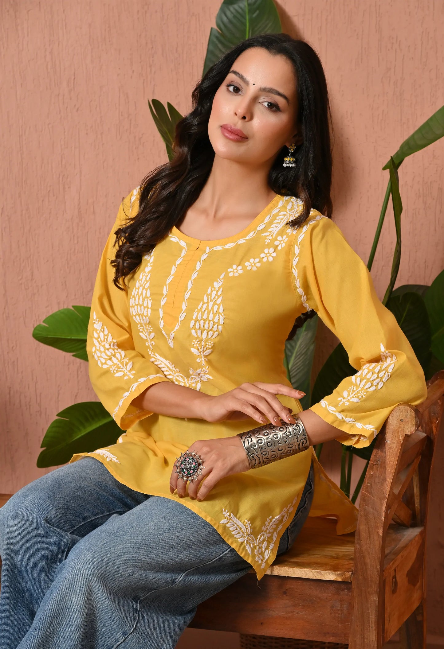 Women Hand Embroidered Lucknowi Chikankari Cotton Straight Short Top | Yellow Colour