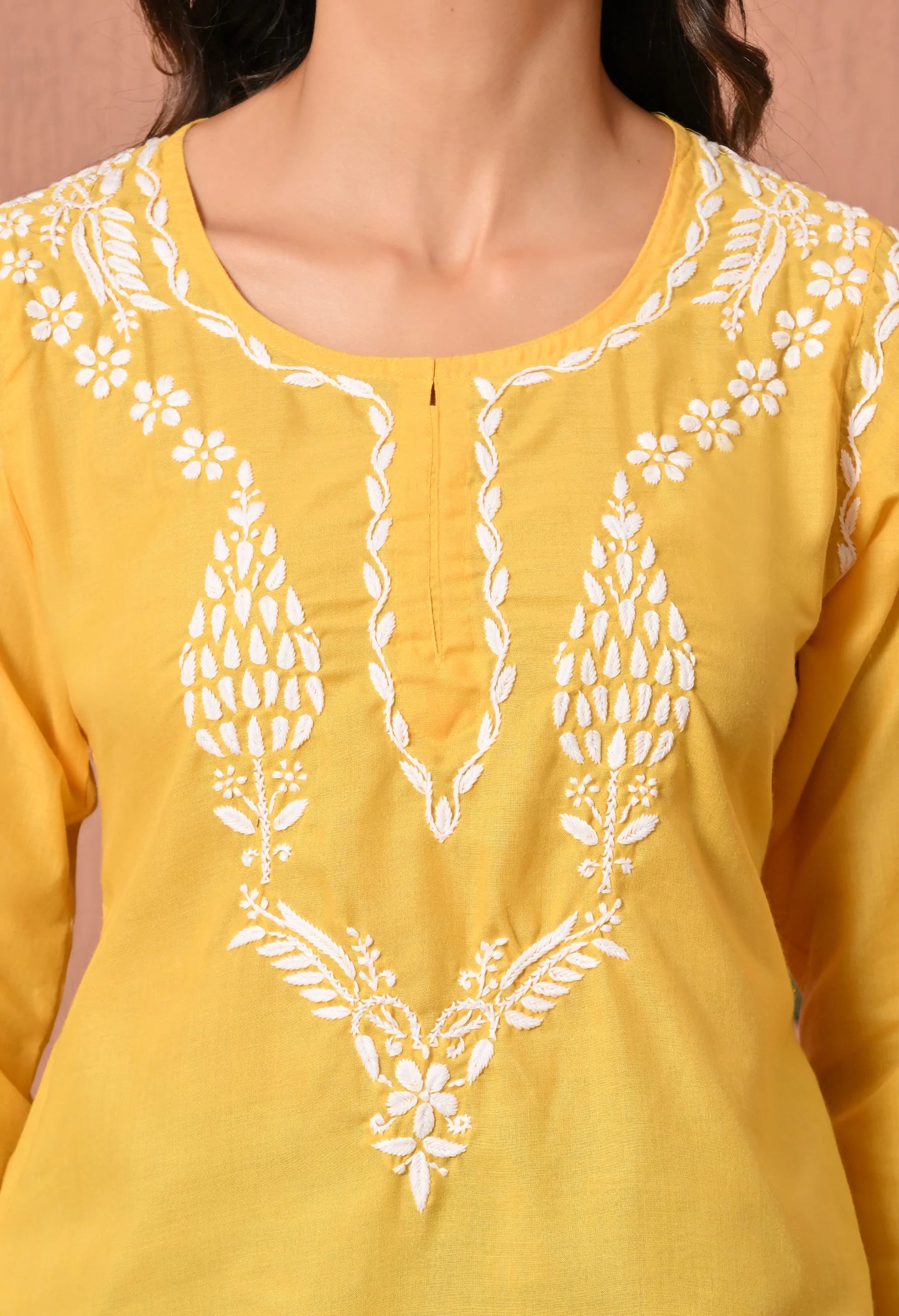 Women Hand Embroidered Lucknowi Chikankari Cotton Straight Short Top | Yellow Colour