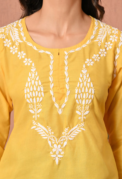 Women Hand Embroidered Lucknowi Chikankari Cotton Straight Short Top | Yellow Colour