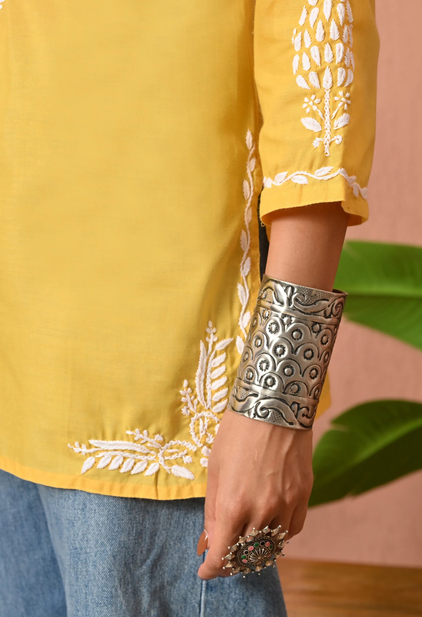 Women Hand Embroidered Lucknowi Chikankari Cotton Straight Short Top | Yellow Colour