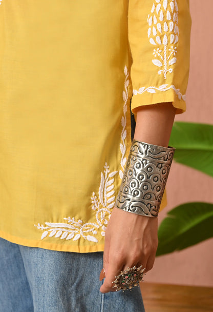 Women Hand Embroidered Lucknowi Chikankari Cotton Straight Short Top | Yellow Colour