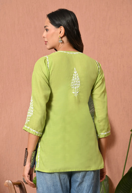 Women Hand Embroidered Lucknowi Chikankari Cotton Straight Short Top | Parrot Green