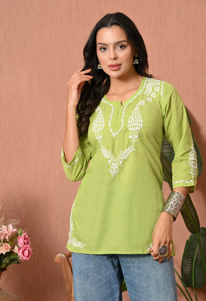 Women Hand Embroidered Lucknowi Chikankari Cotton Straight Short Top | Parrot Green