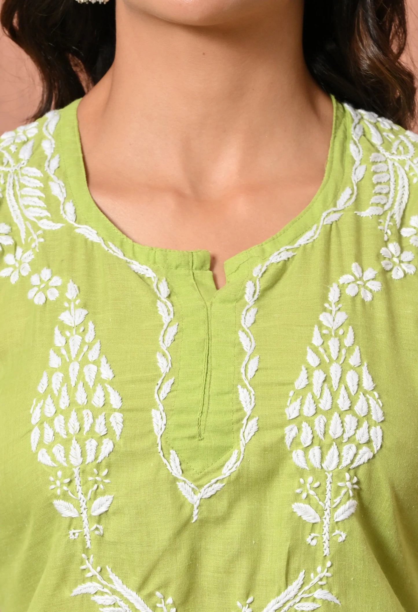 Women Hand Embroidered Lucknowi Chikankari Cotton Straight Short Top | Parrot Green