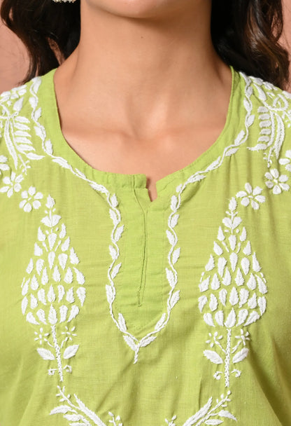 Women Hand Embroidered Lucknowi Chikankari Cotton Straight Short Top | Parrot Green