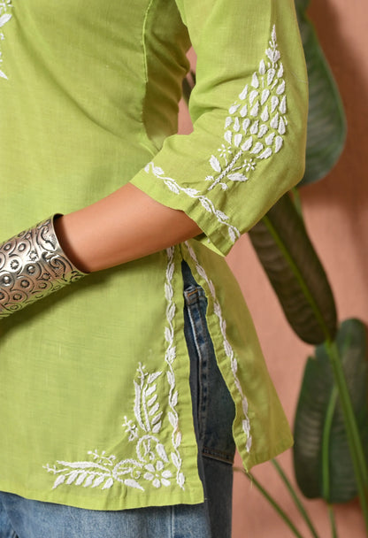 Women Hand Embroidered Lucknowi Chikankari Cotton Straight Short Top | Parrot Green