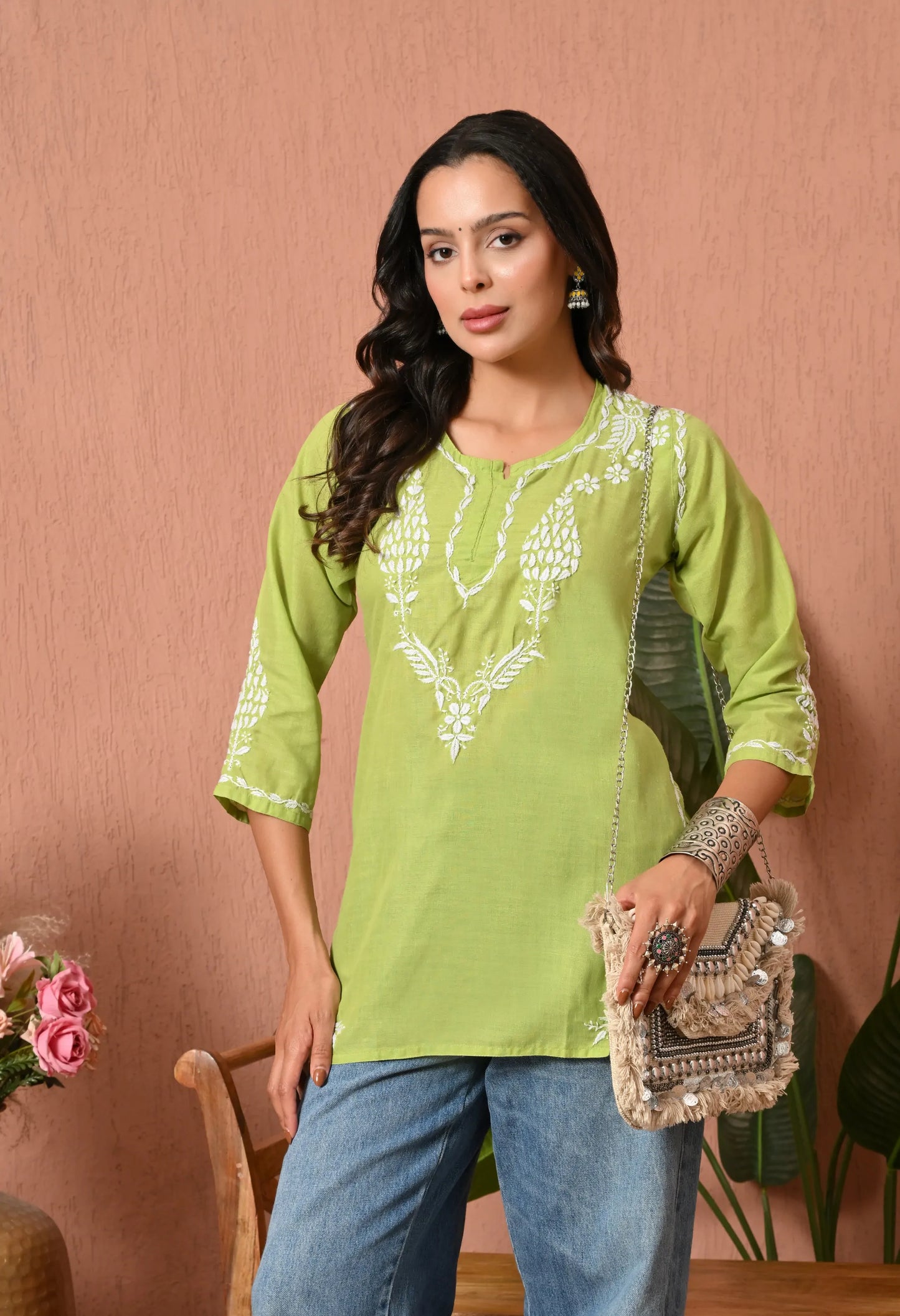 Women Hand Embroidered Lucknowi Chikankari Cotton Straight Short Top | Parrot Green