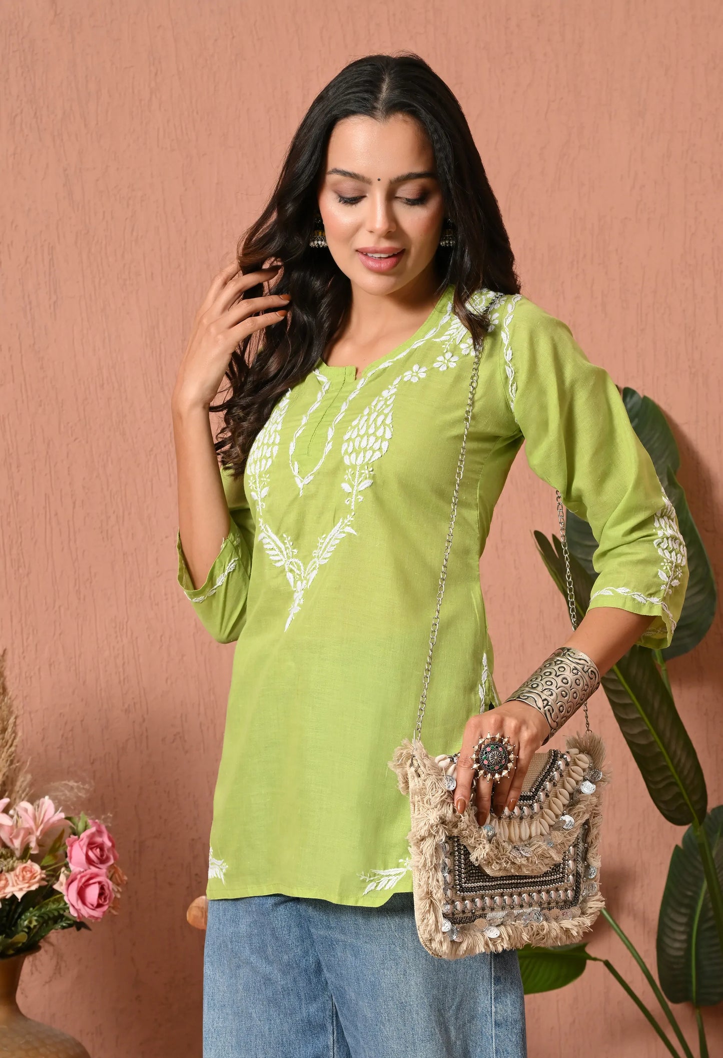 Women Hand Embroidered Lucknowi Chikankari Cotton Straight Short Top | Parrot Green