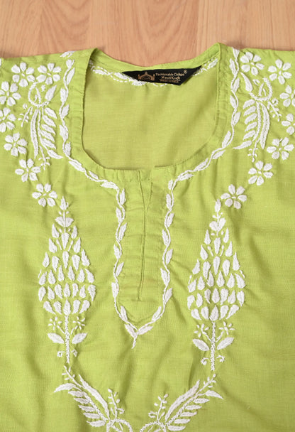 Women Hand Embroidered Lucknowi Chikankari Cotton Straight Short Top | Parrot Green