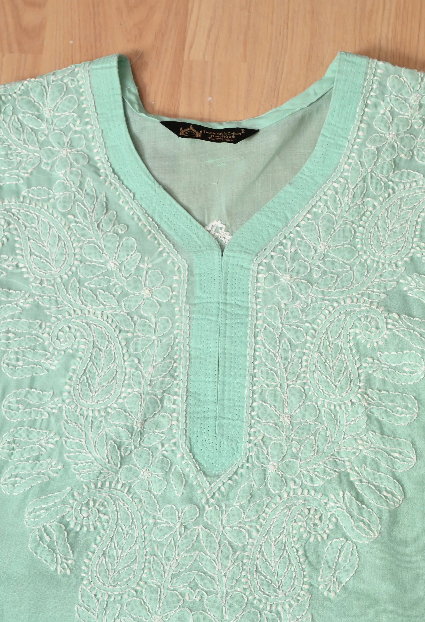 PURE COTTON CHIKAN HANDWORK LONG KURTI | MINT GREEN