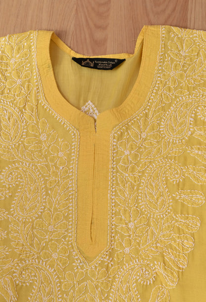 PURE COTTON CHIKAN HANDWORK LONG KURTI | YELLOW