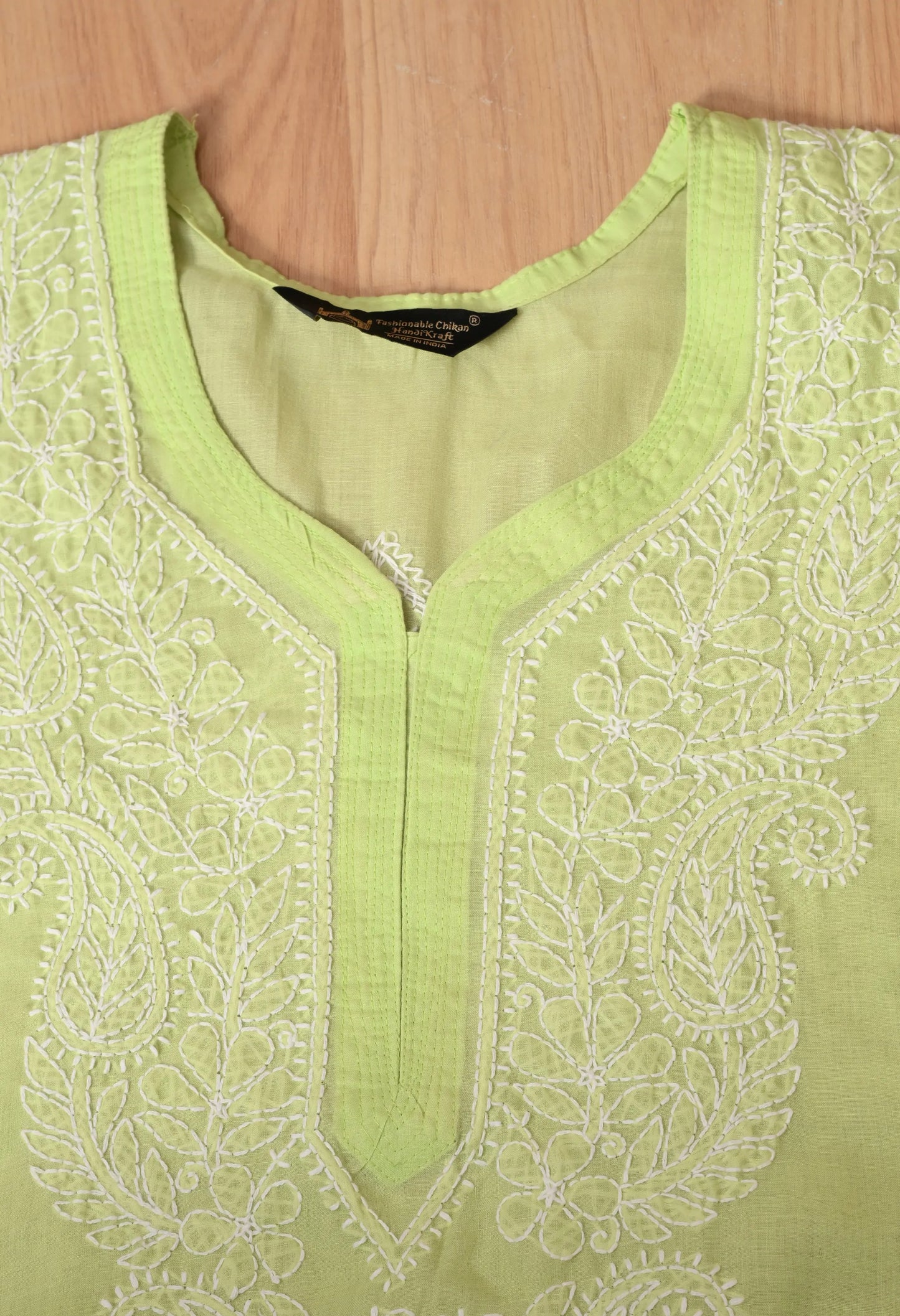 PURE COTTON CHIKAN HANDWORK LONG KURTI | PISTA GREEN