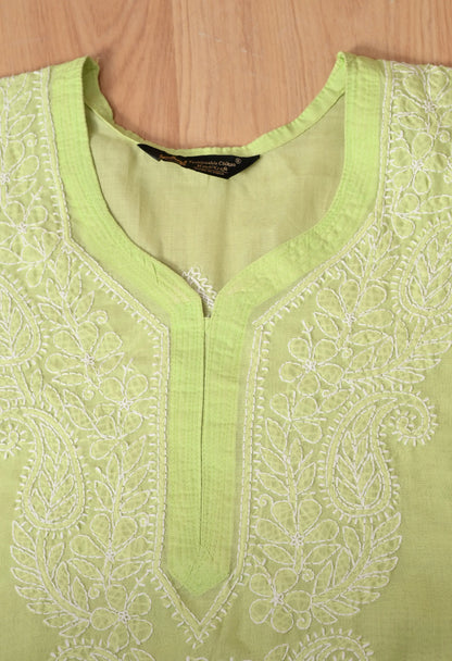 PURE COTTON CHIKAN HANDWORK LONG KURTI | PISTA GREEN
