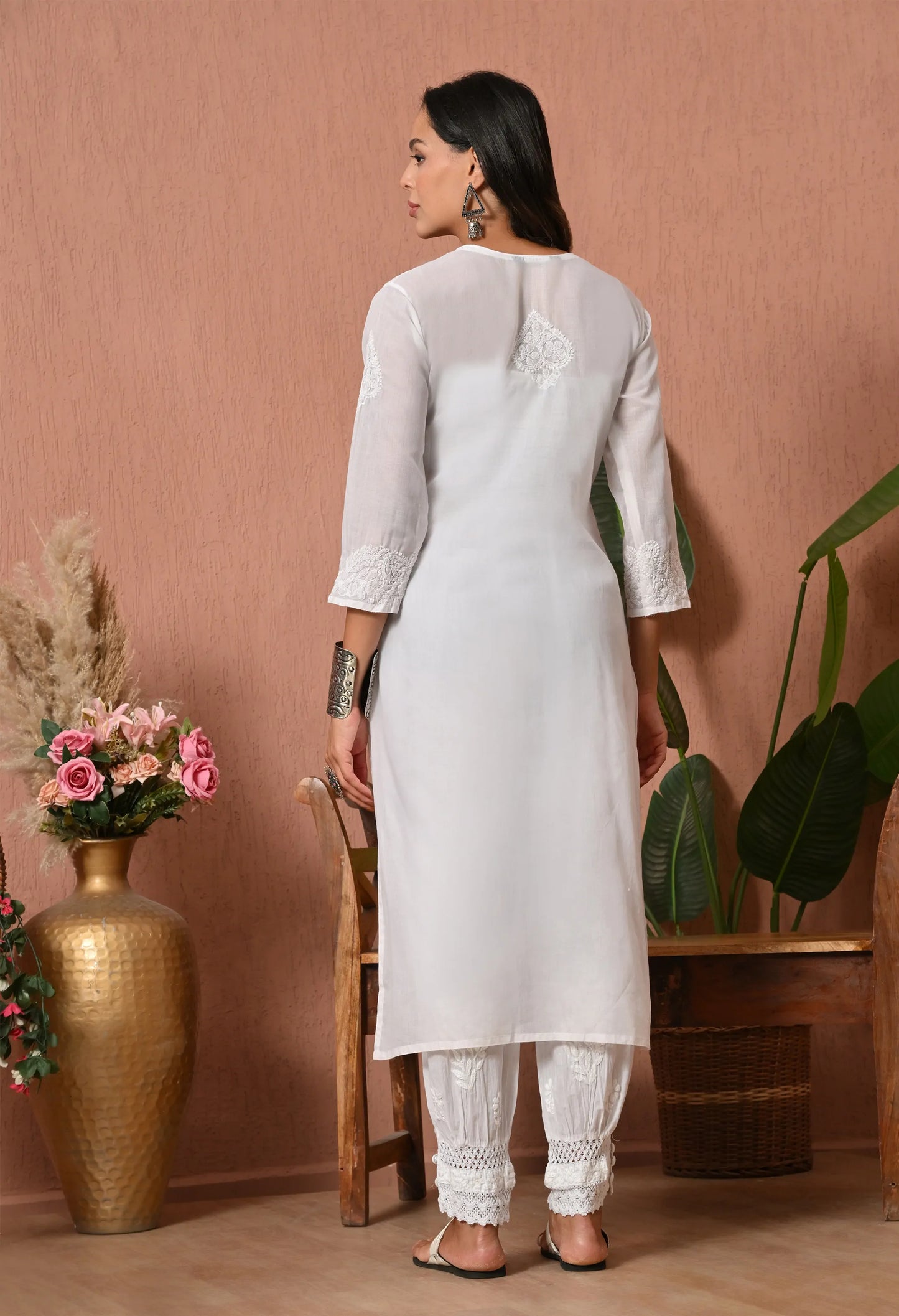 PURE COTTON CHIKAN HANDWORK LONG KURTI | WHITE