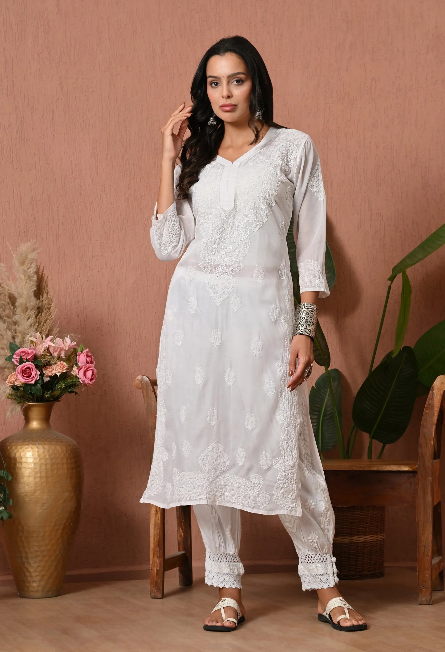 PURE COTTON CHIKAN HANDWORK LONG KURTI | WHITE
