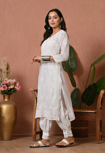 PURE COTTON CHIKAN HANDWORK LONG KURTI | WHITE