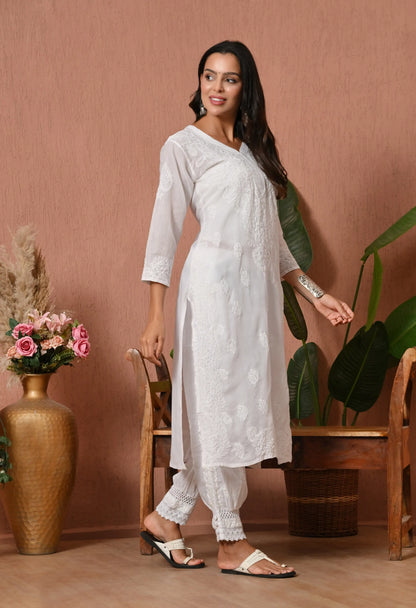 PURE COTTON CHIKAN HANDWORK LONG KURTI | WHITE