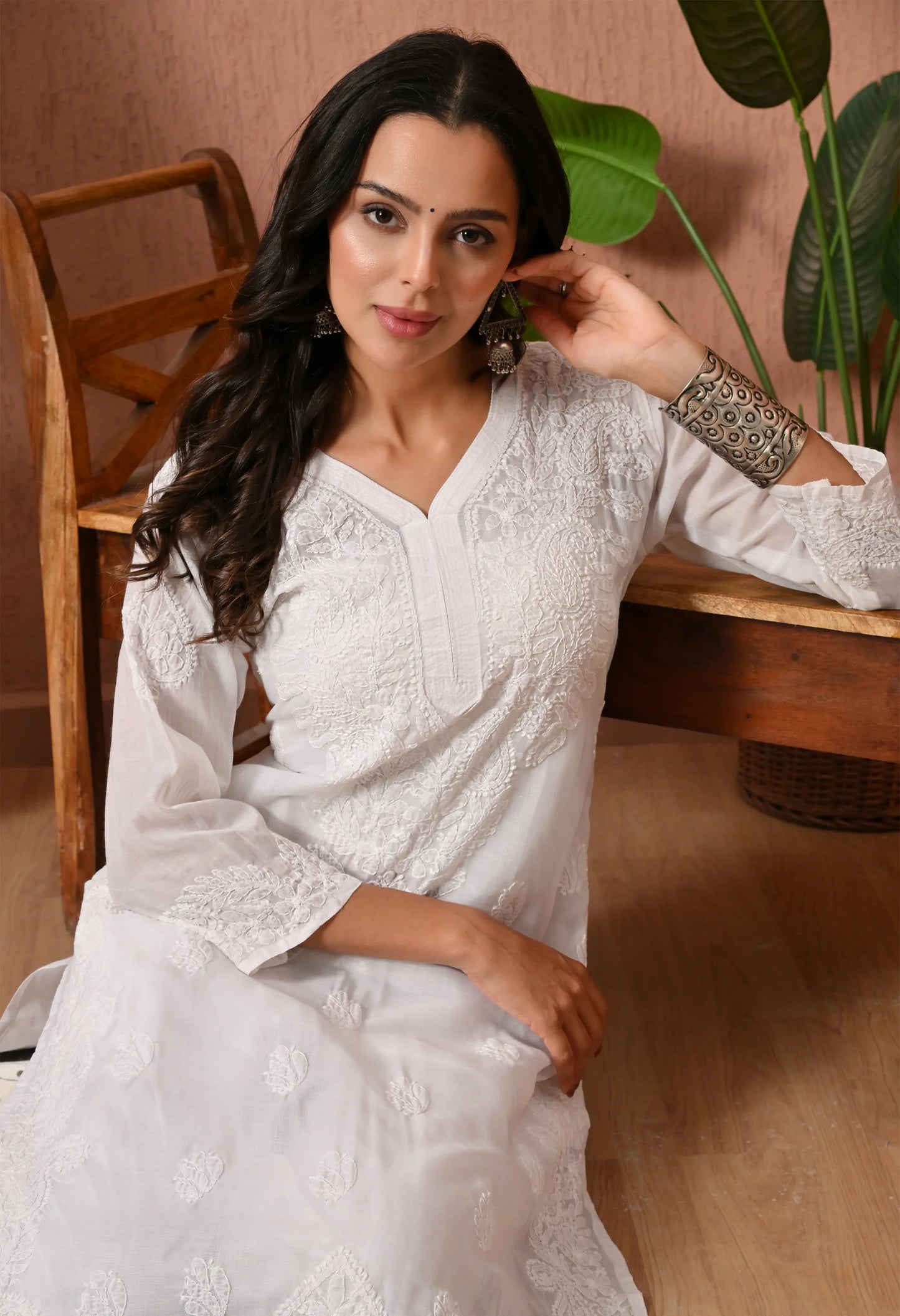 PURE COTTON CHIKAN HANDWORK LONG KURTI | WHITE