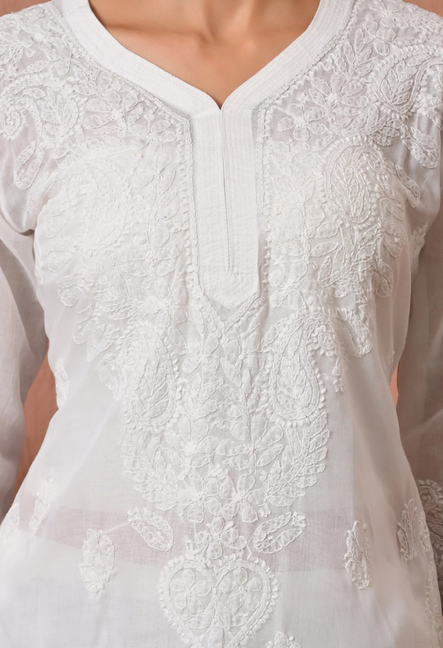 PURE COTTON CHIKAN HANDWORK LONG KURTI | WHITE