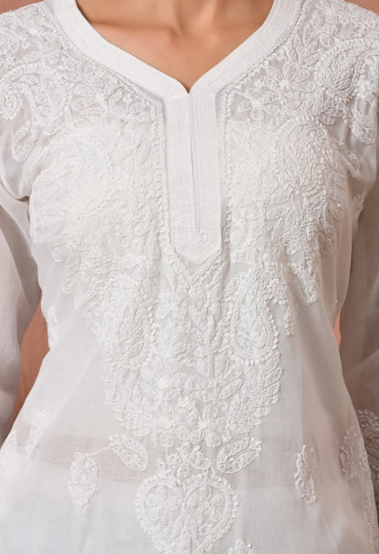 PURE COTTON CHIKAN HANDWORK LONG KURTI | WHITE