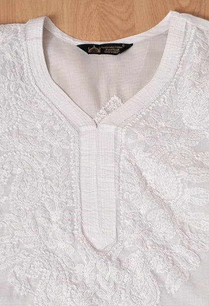 PURE COTTON CHIKAN HANDWORK LONG KURTI | WHITE