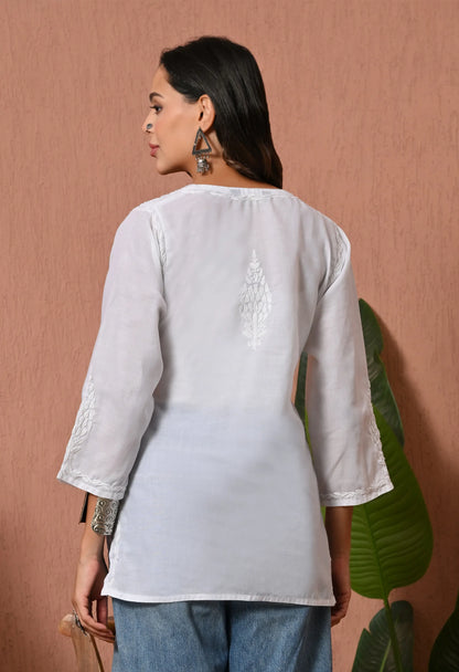 Women Hand Embroidered Lucknowi Chikankari Cotton Straight Short Top | White Colour