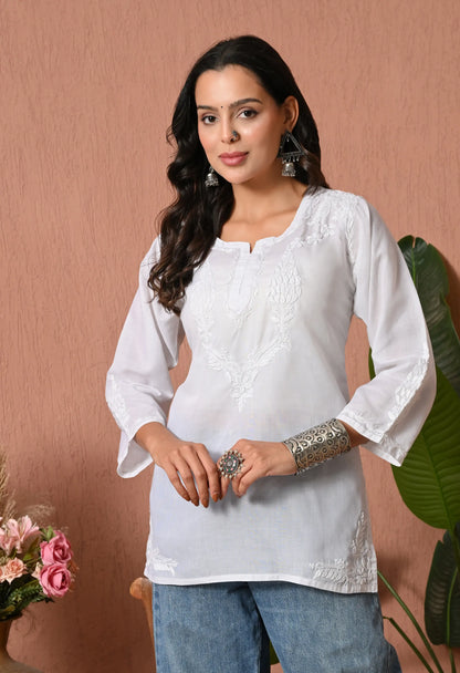 Women Hand Embroidered Lucknowi Chikankari Cotton Straight Short Top | White Colour