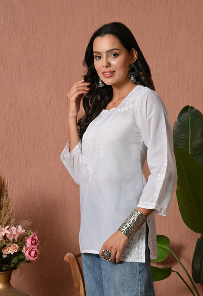 Women Hand Embroidered Lucknowi Chikankari Cotton Straight Short Top | White Colour