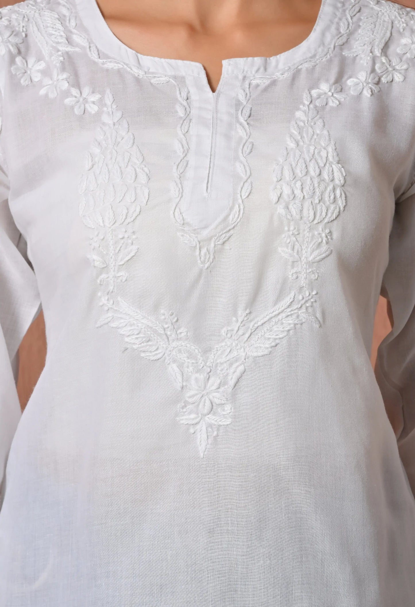 Women Hand Embroidered Lucknowi Chikankari Cotton Straight Short Top | White Colour