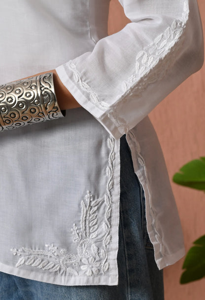 Women Hand Embroidered Lucknowi Chikankari Cotton Straight Short Top | White Colour