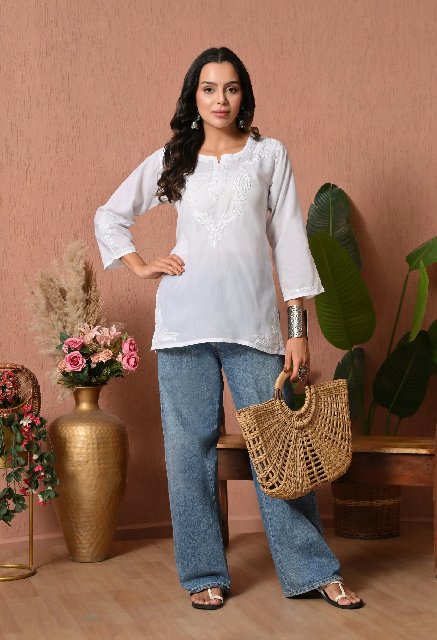 Women Hand Embroidered Lucknowi Chikankari Cotton Straight Short Top | White Colour