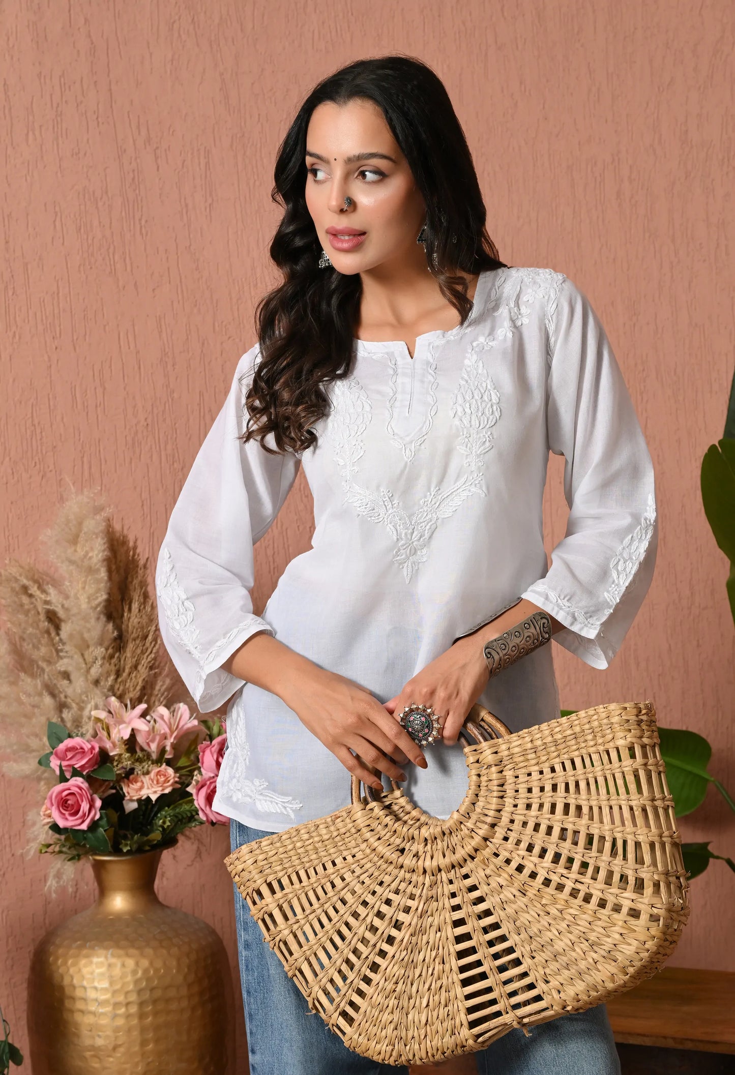 Women Hand Embroidered Lucknowi Chikankari Cotton Straight Short Top | White Colour