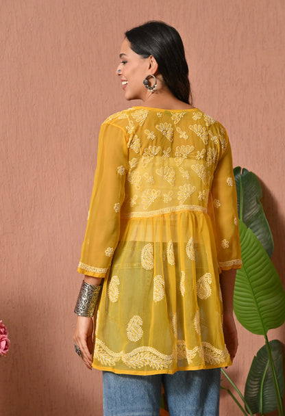 SOFT GEAORGETTE CHIKAN HANDWORK SHORT GOWN | MUSTARD YELLOW