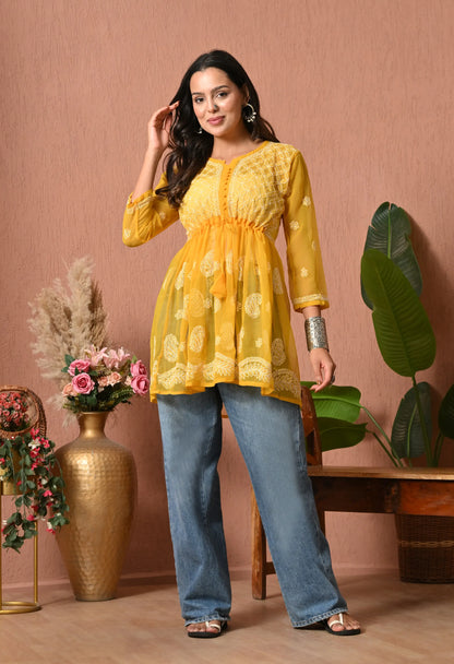 SOFT GEAORGETTE CHIKAN HANDWORK SHORT GOWN | MUSTARD YELLOW