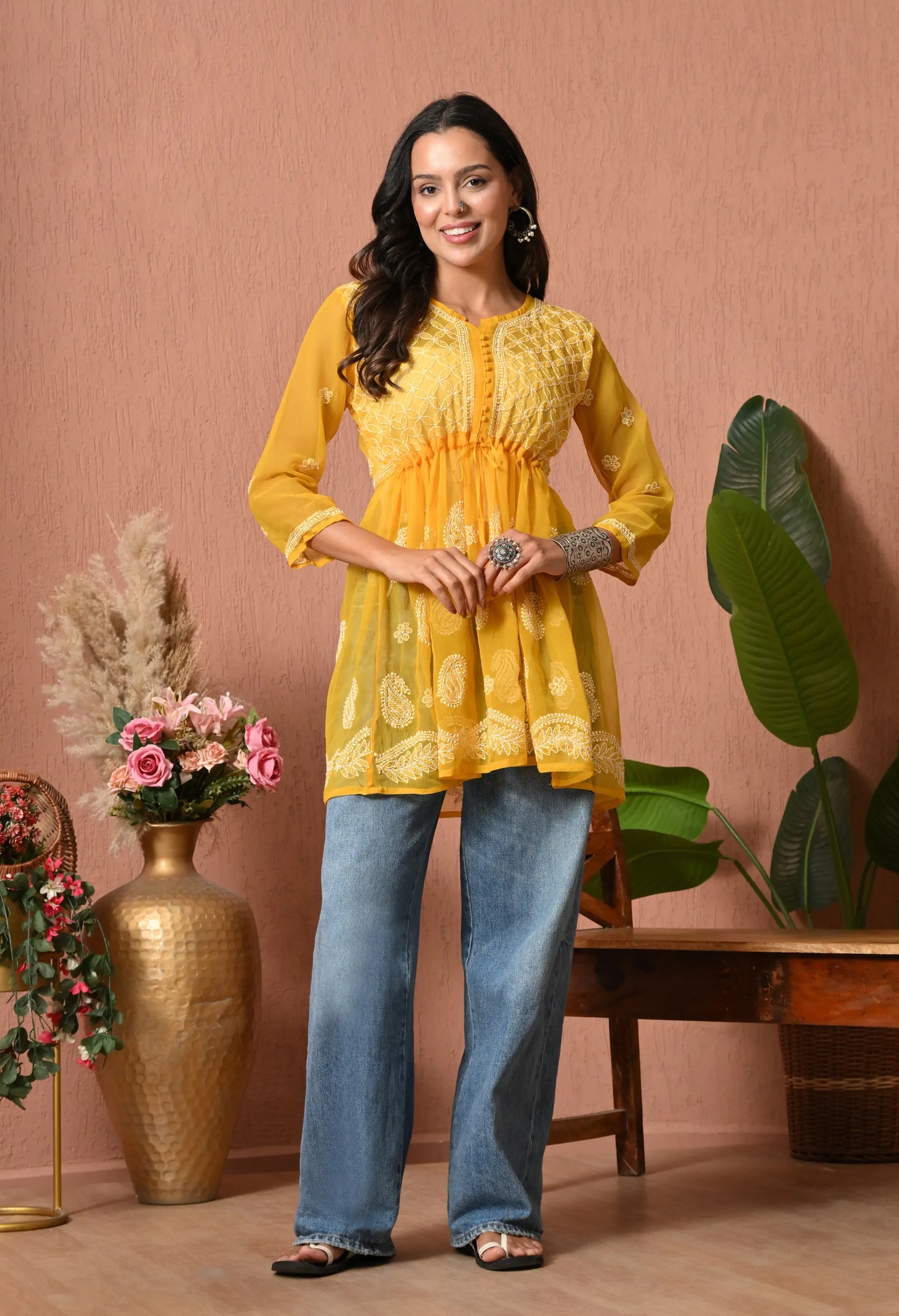 SOFT GEAORGETTE CHIKAN HANDWORK SHORT GOWN | MUSTARD YELLOW