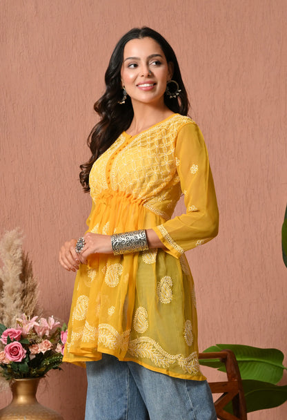 SOFT GEAORGETTE CHIKAN HANDWORK SHORT GOWN | MUSTARD YELLOW