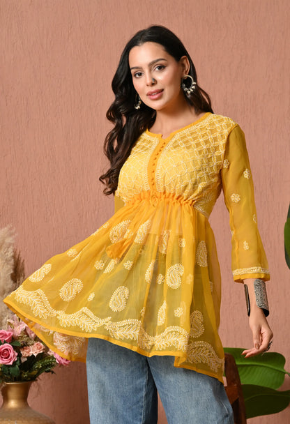 SOFT GEAORGETTE CHIKAN HANDWORK SHORT GOWN | MUSTARD YELLOW