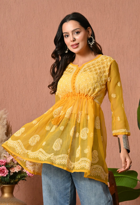 SOFT GEAORGETTE CHIKAN HANDWORK SHORT GOWN | MUSTARD YELLOW