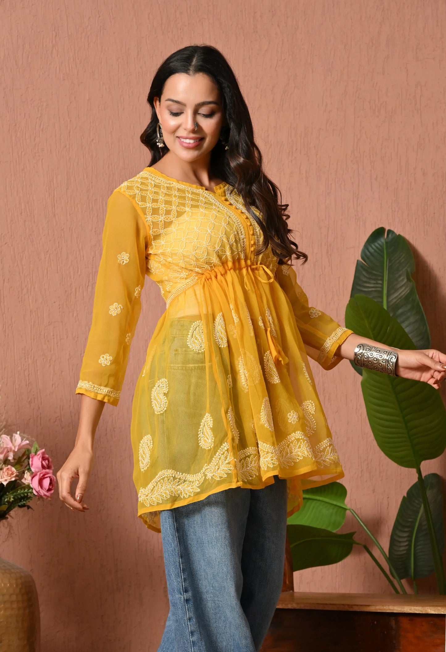 SOFT GEAORGETTE CHIKAN HANDWORK SHORT GOWN | MUSTARD YELLOW