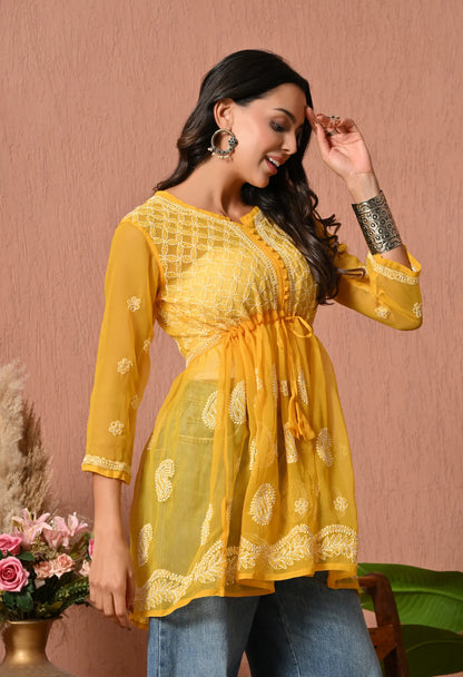 SOFT GEAORGETTE CHIKAN HANDWORK SHORT GOWN | MUSTARD YELLOW