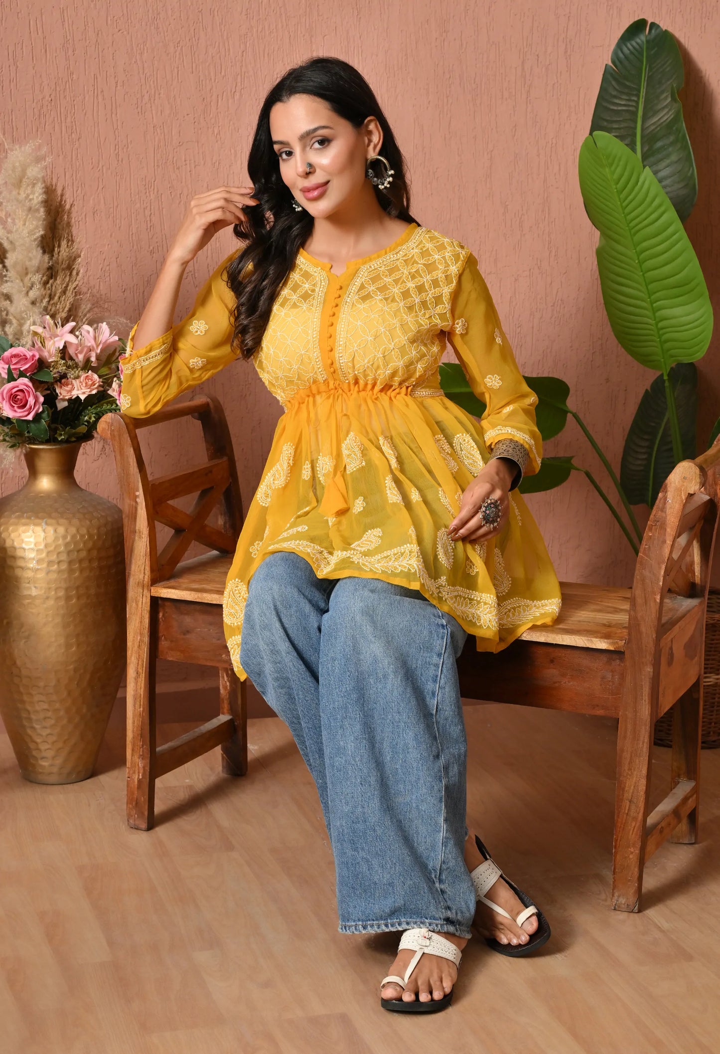 SOFT GEAORGETTE CHIKAN HANDWORK SHORT GOWN | MUSTARD YELLOW
